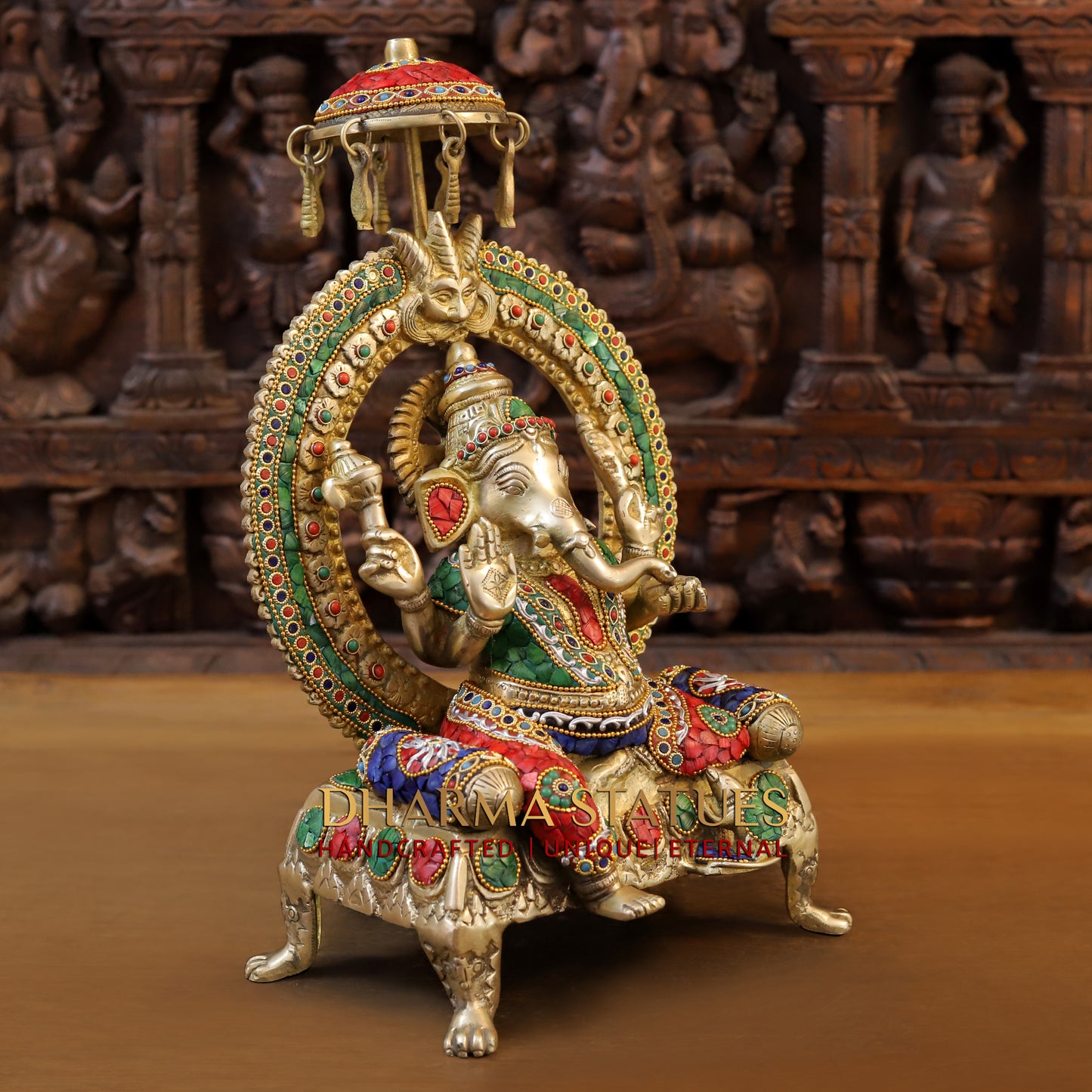 Brass Ganesh seated on Throne, Stonework & Golden, 17.5"