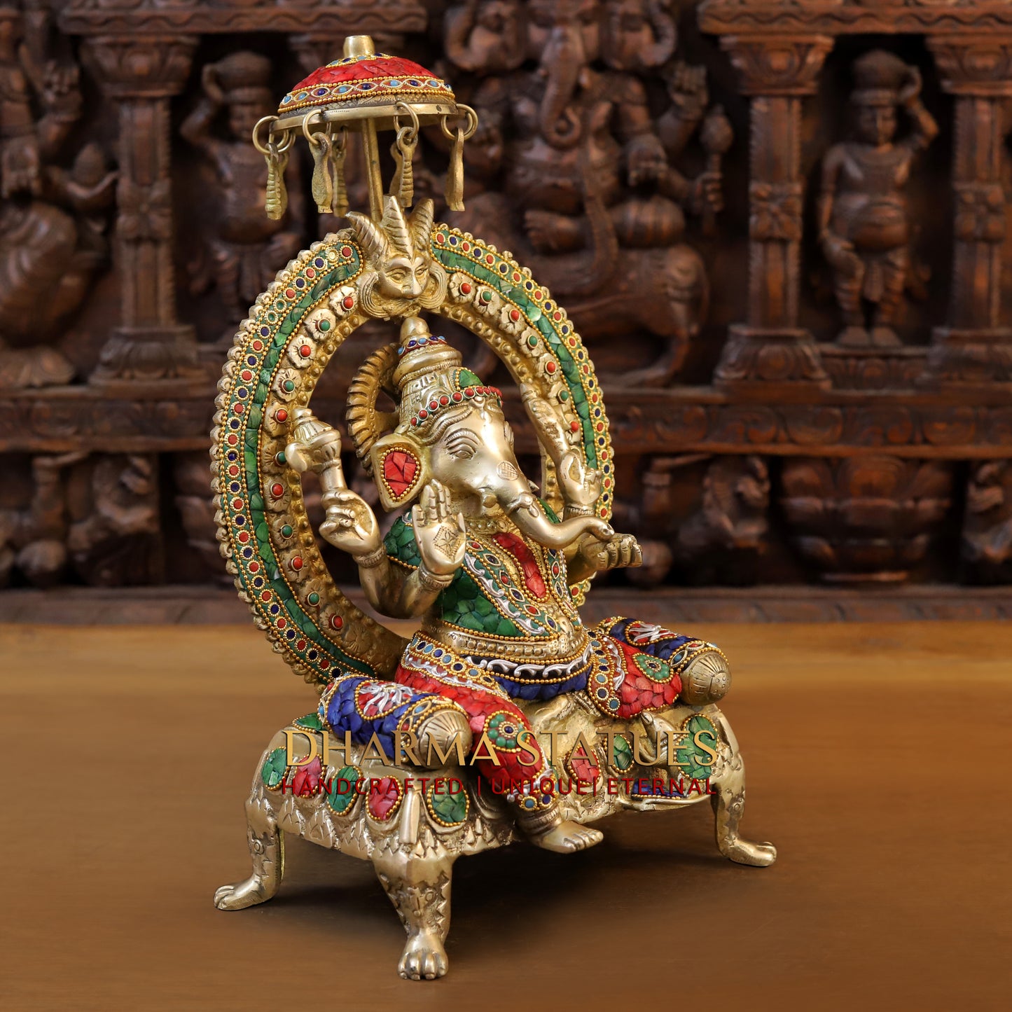 Brass Ganesh & Lakshmi seated on Throne, Stonework & Golden Finish, 18"