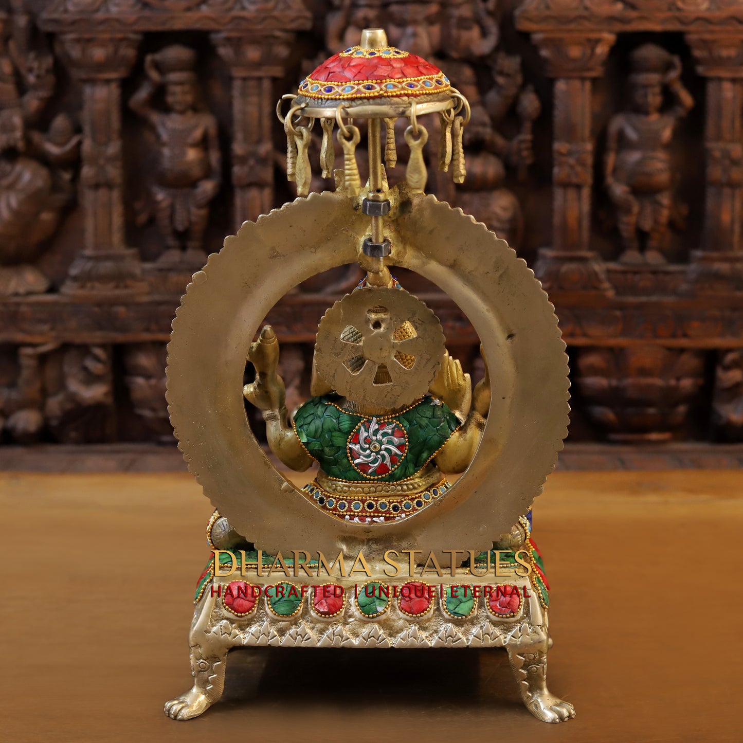 Brass Ganesh seated on Throne, Stonework & Golden, 17.5"