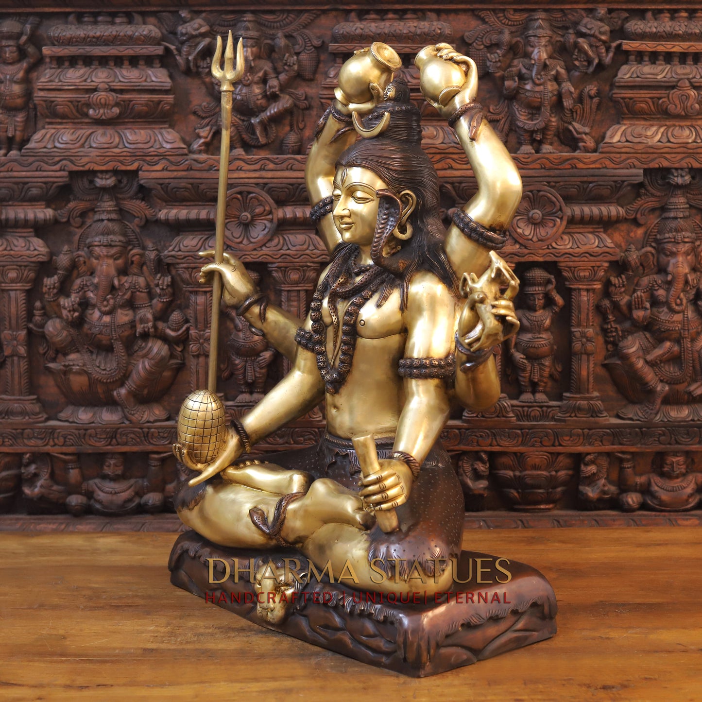 Brass Lord Shiva Mrityunjaya – Supreme Power of Conquering Death and Suffering, Golden & Copper Finish, 32"