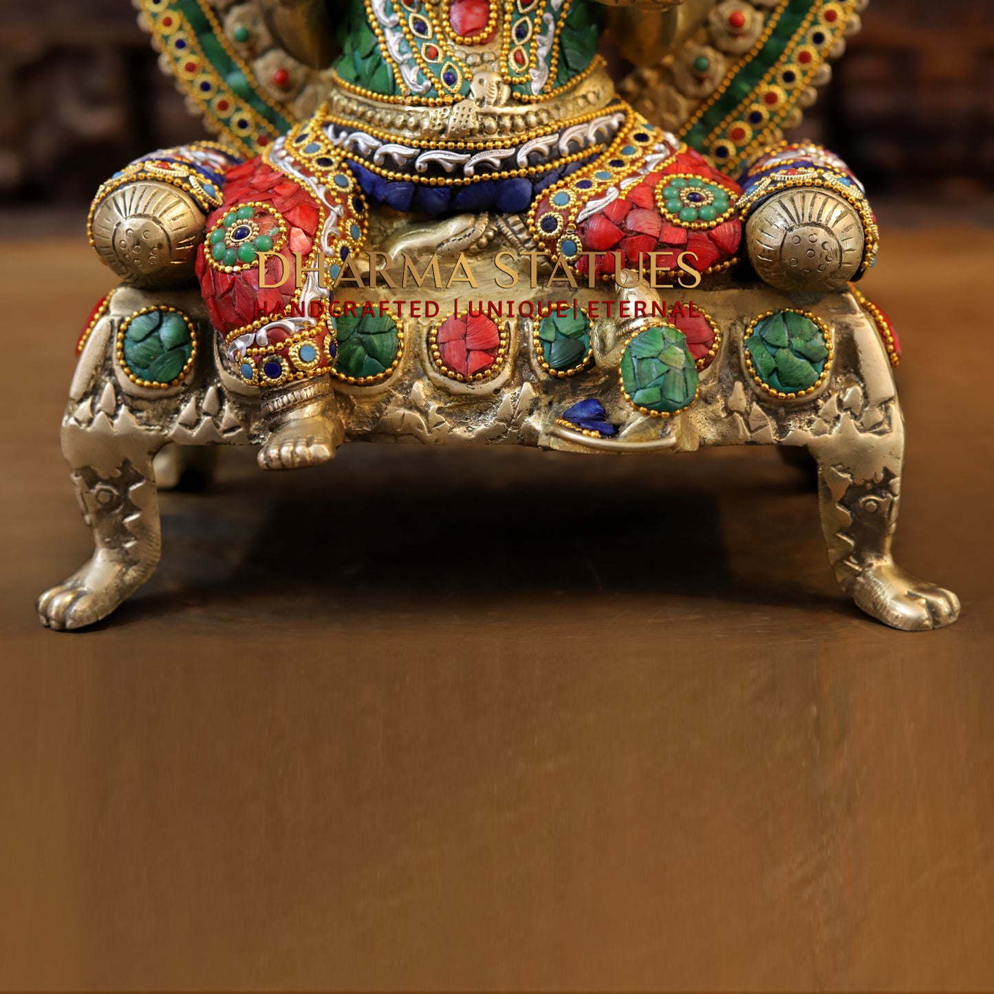 Brass Ganesh seated on Throne, Stonework & Golden, 17.5"
