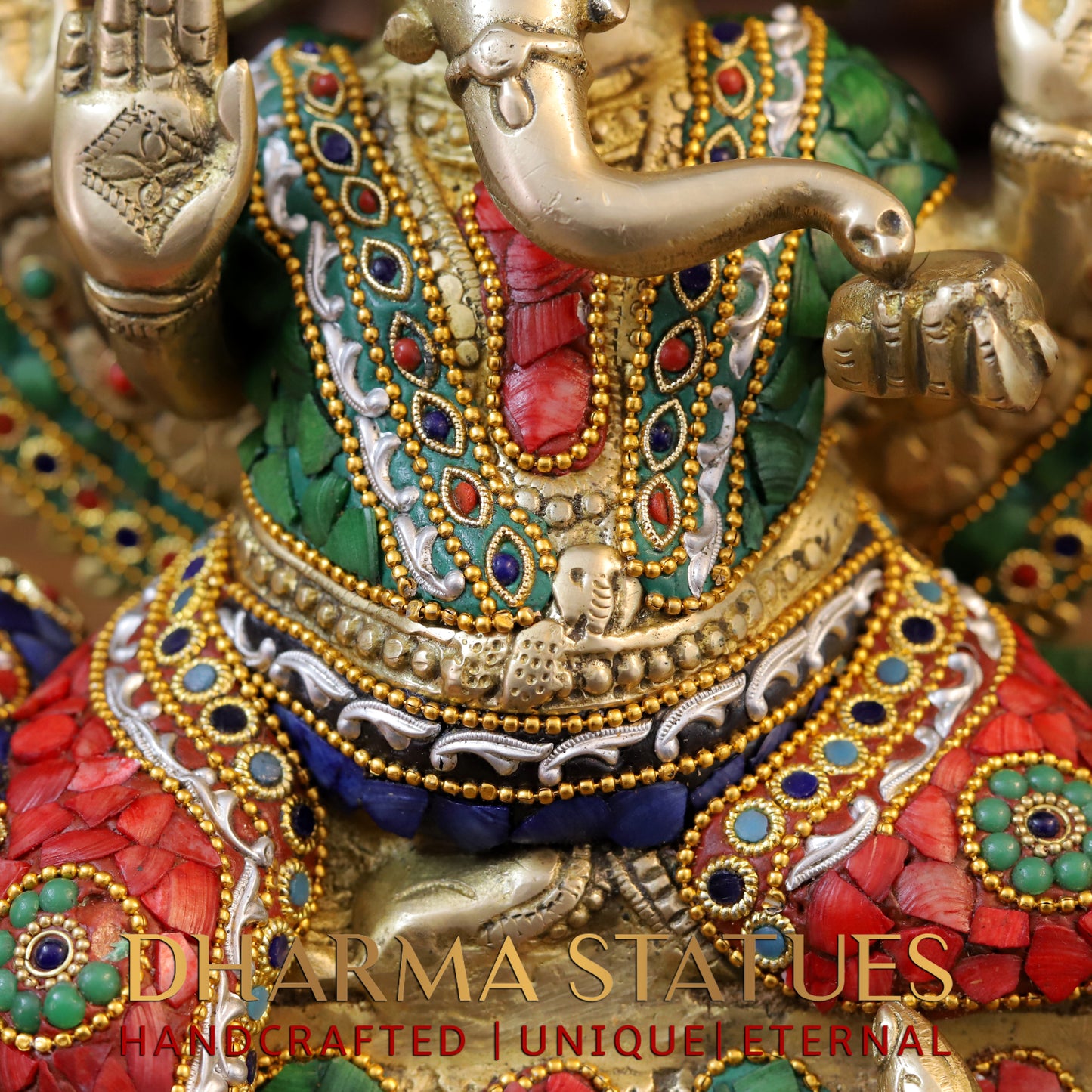 Brass Ganesh seated on Throne, Stonework & Golden, 17.5"