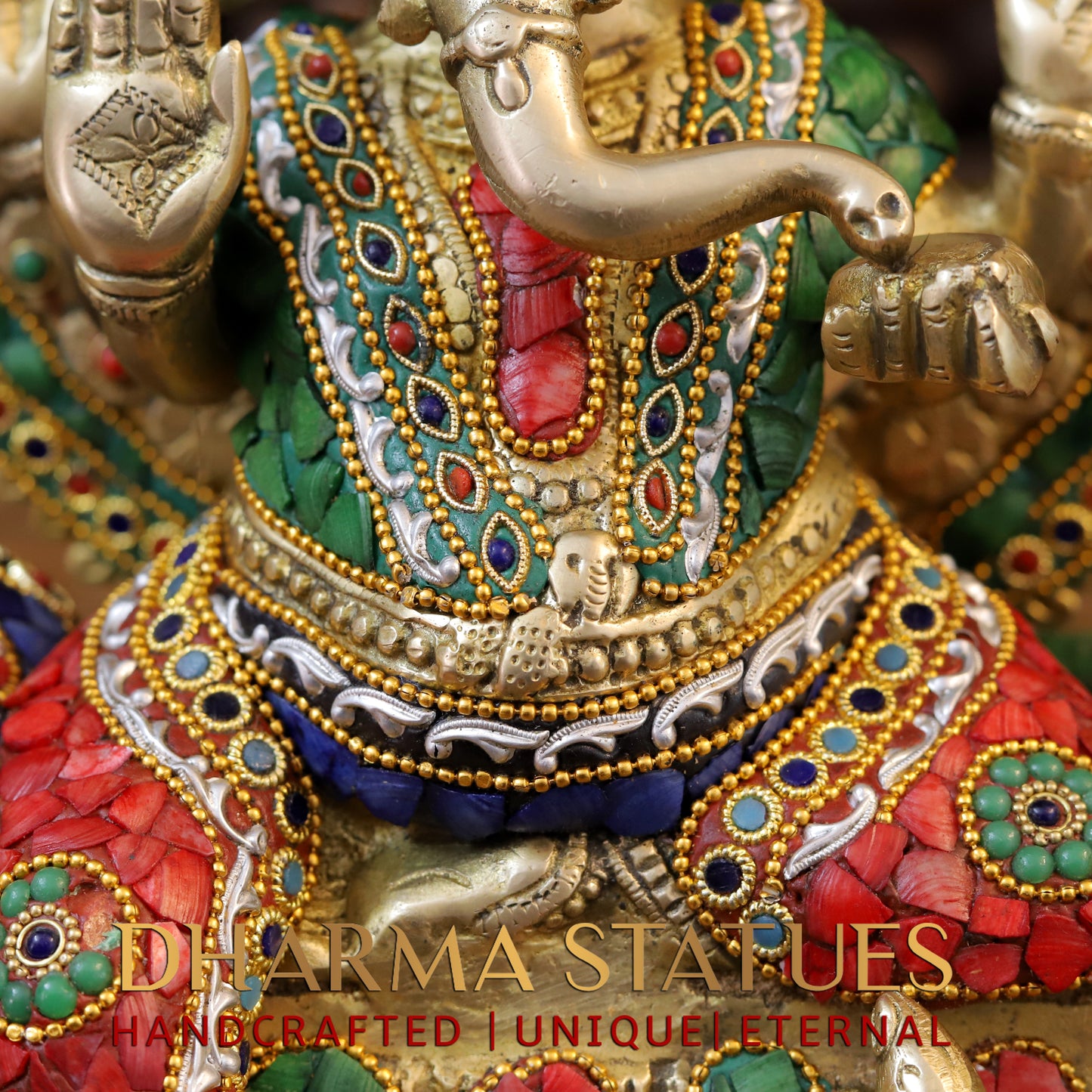 Brass Ganesh & Lakshmi seated on Throne, Stonework & Golden Finish, 18"