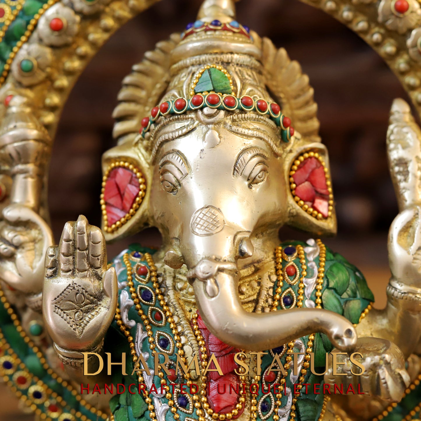 Brass Ganesh seated on Throne, Stonework & Golden, 17.5"