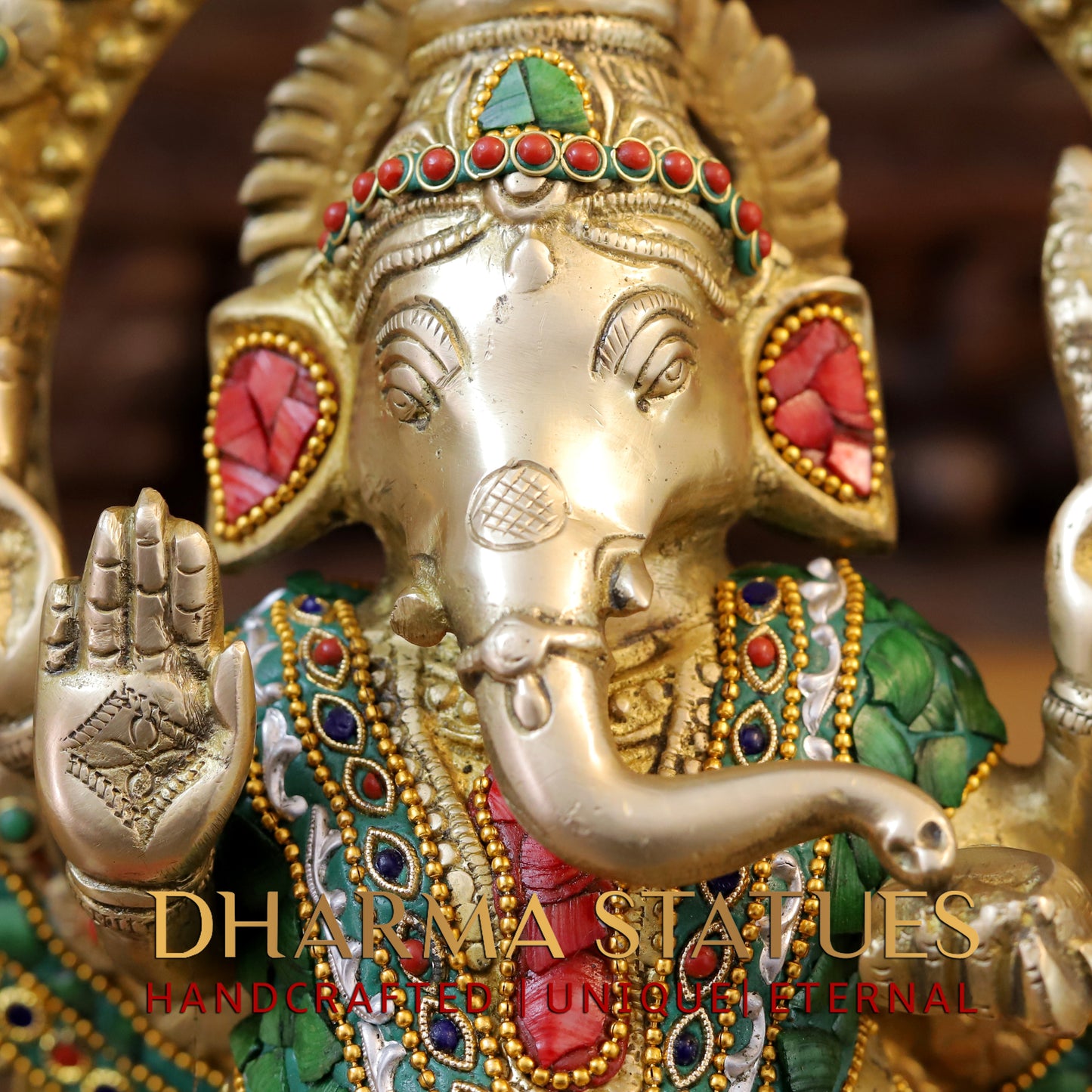 Brass Ganesh & Lakshmi seated on Throne, Stonework & Golden Finish, 18"