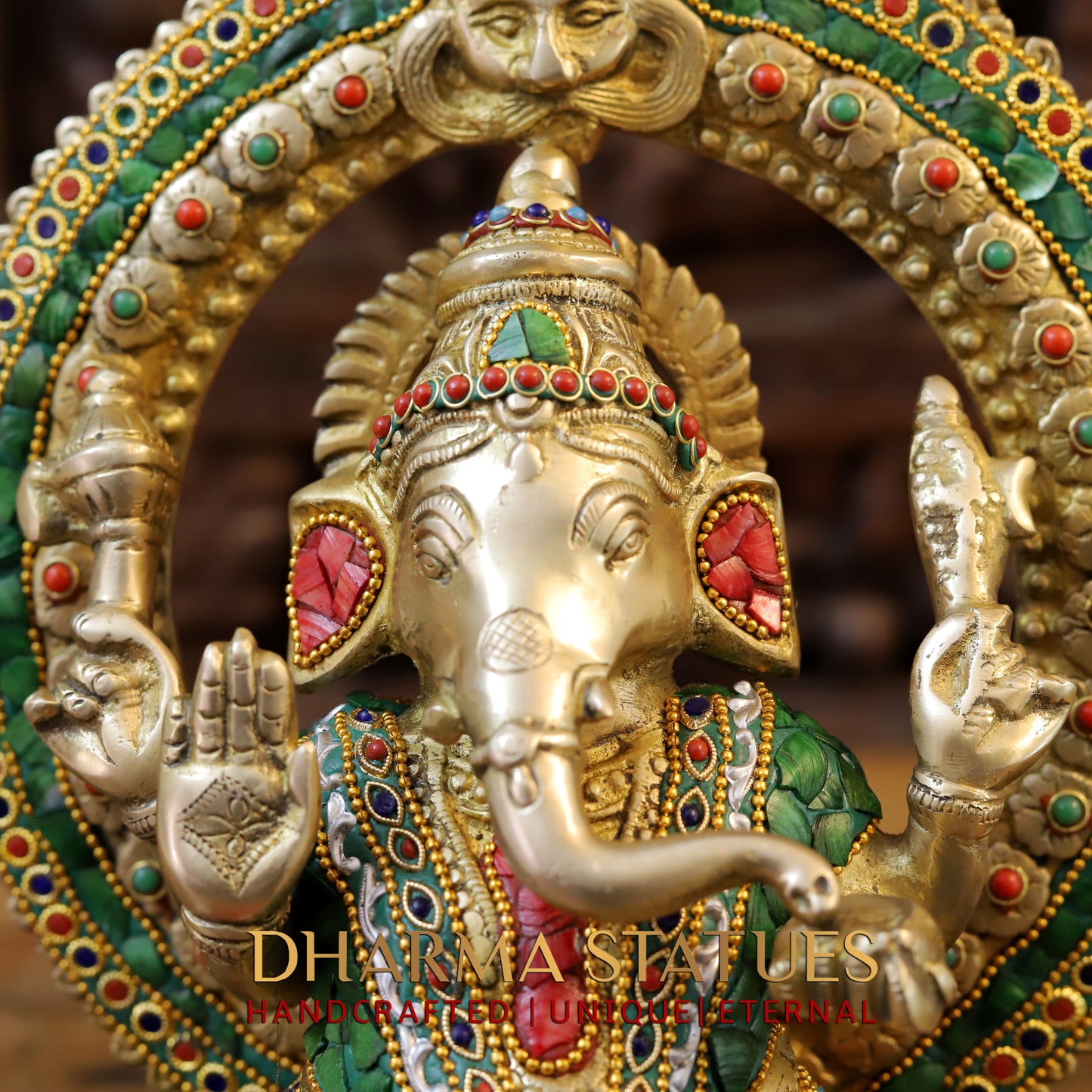 Brass Ganesh seated on Throne, Stonework & Golden, 17.5"