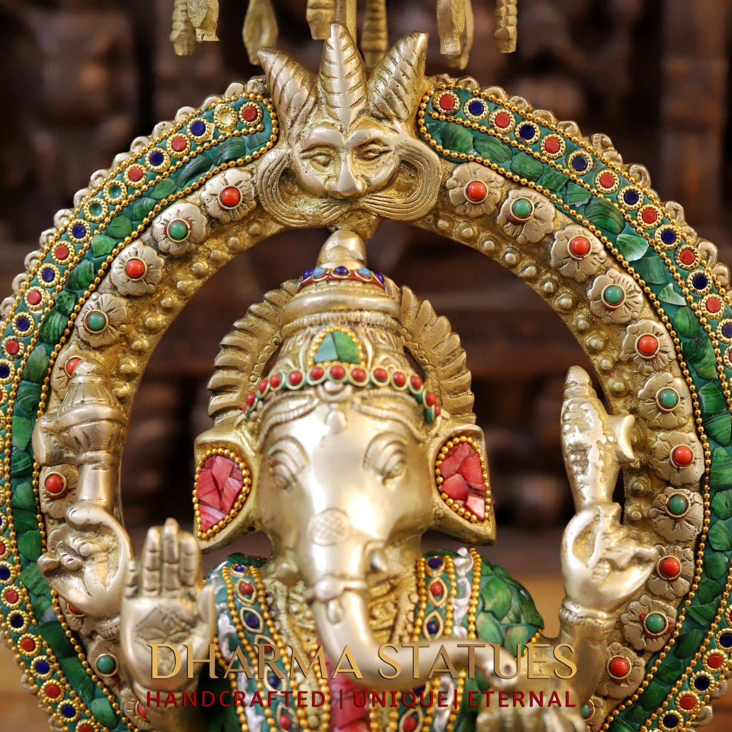 Brass Ganesh & Lakshmi seated on Throne, Stonework & Golden Finish, 18"