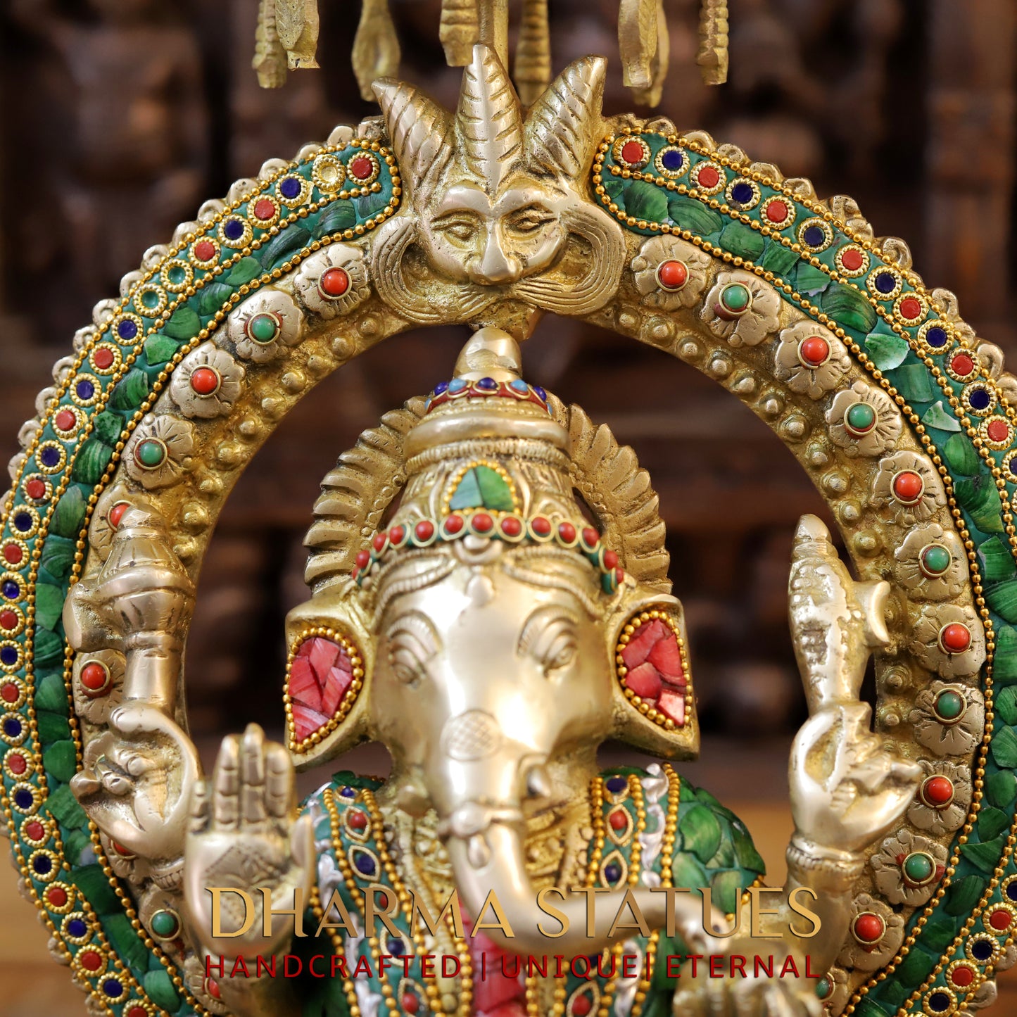 Brass Ganesh seated on Throne, Stonework & Golden, 17.5"