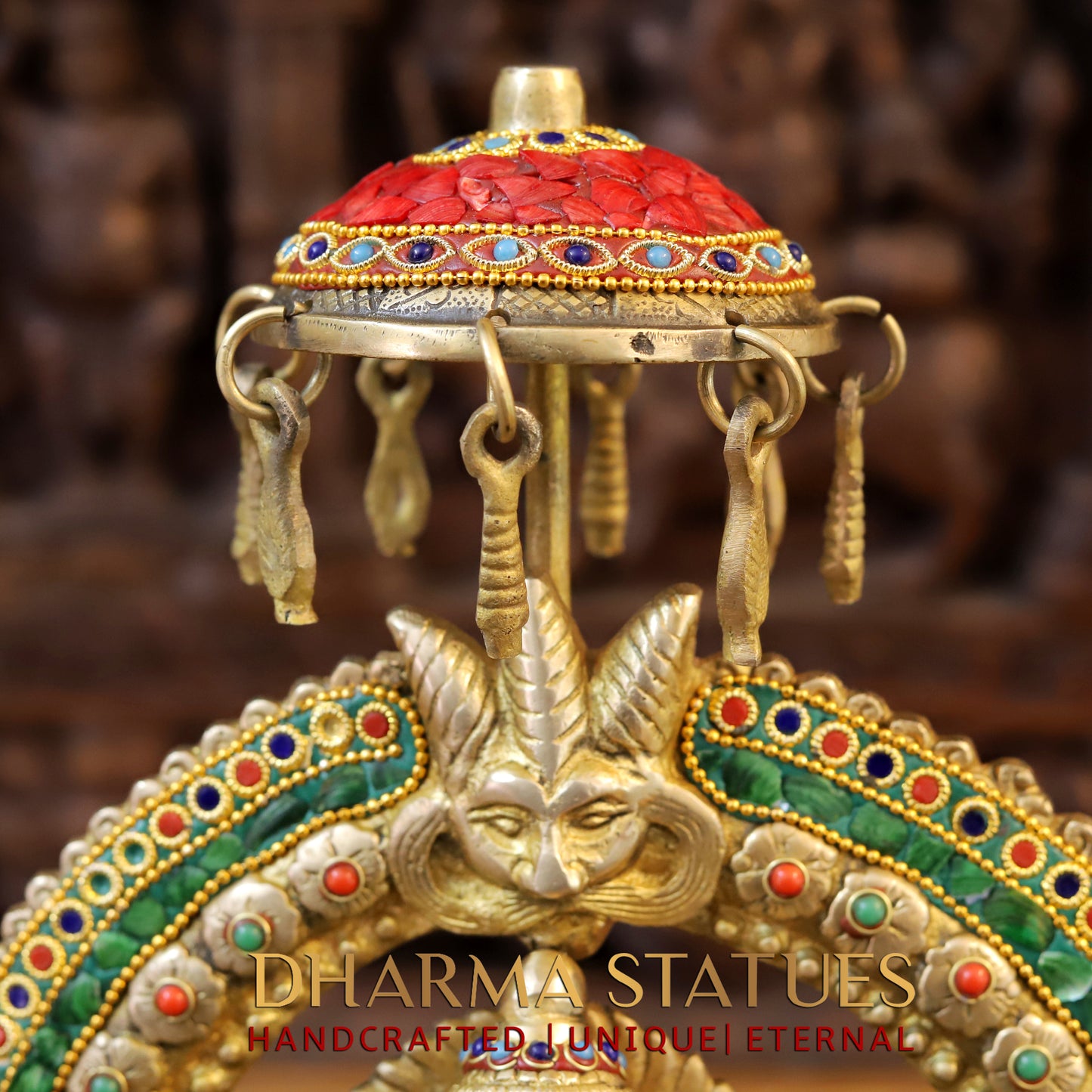 Brass Ganesh seated on Throne, Stonework & Golden, 17.5"