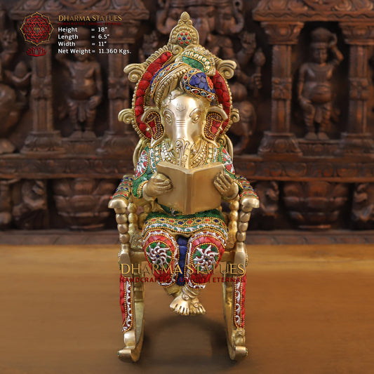 Brass Ganesh on Chair Reading a Veda, Stonework & Golden Finish, 18"