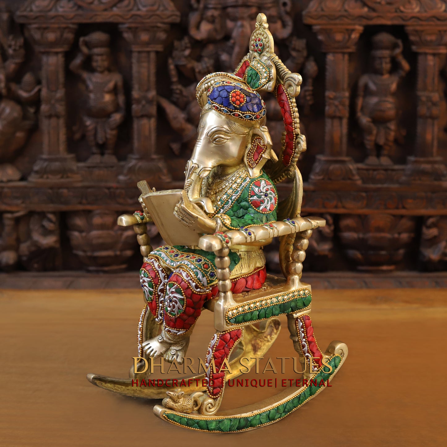 Brass Ganesh on Chair Reading a Veda, Stonework & Golden Finish, 18"