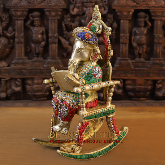 Brass Ganesh on Chair Reading a Veda, Stonework & Golden Finish, 18"