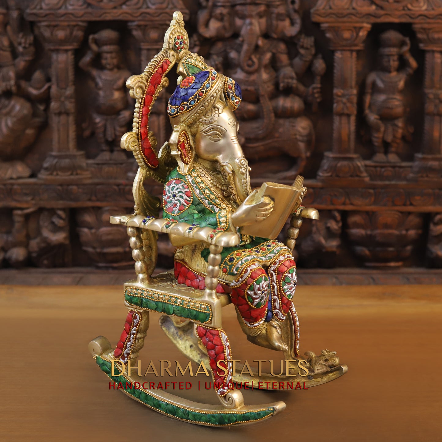 Brass Ganesh on Chair Reading a Veda, Stonework & Golden Finish, 18"