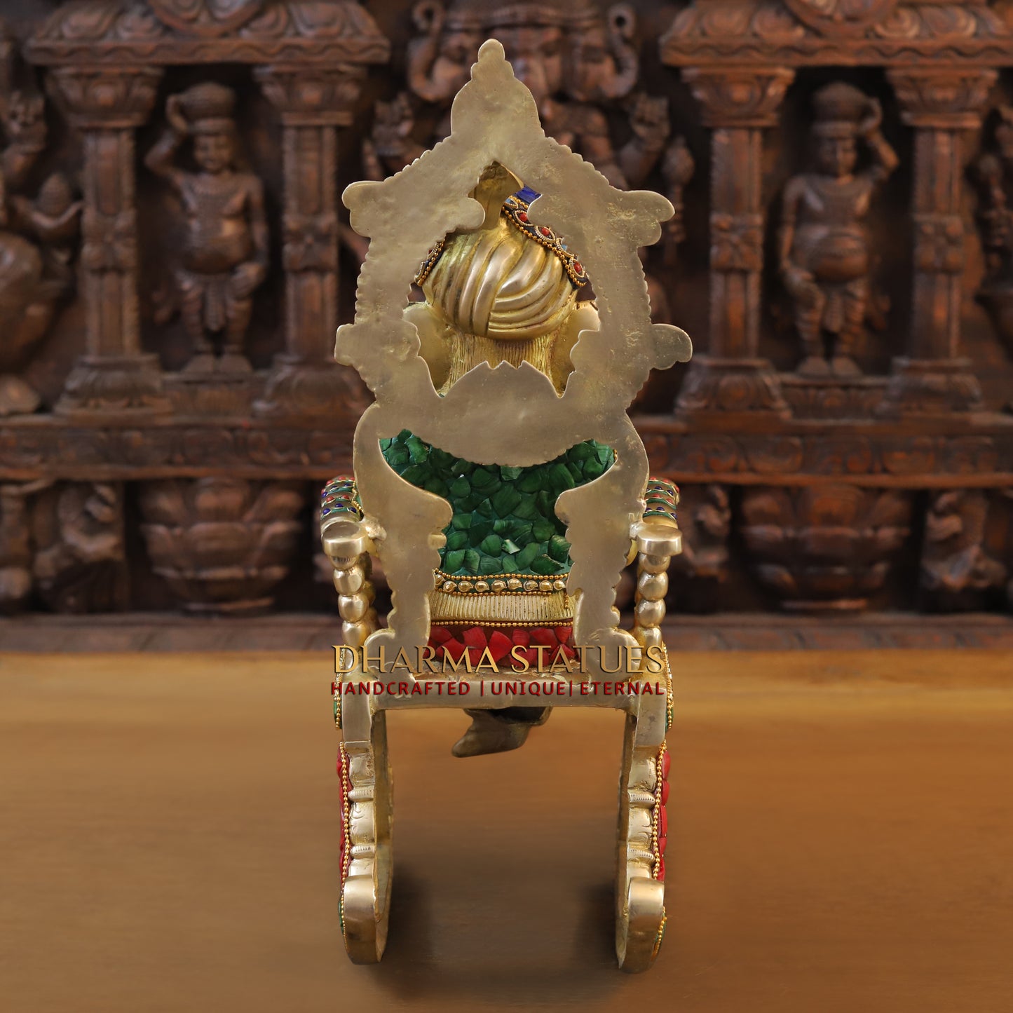 Brass Ganesh on Chair Reading a Veda, Stonework & Golden Finish, 18"