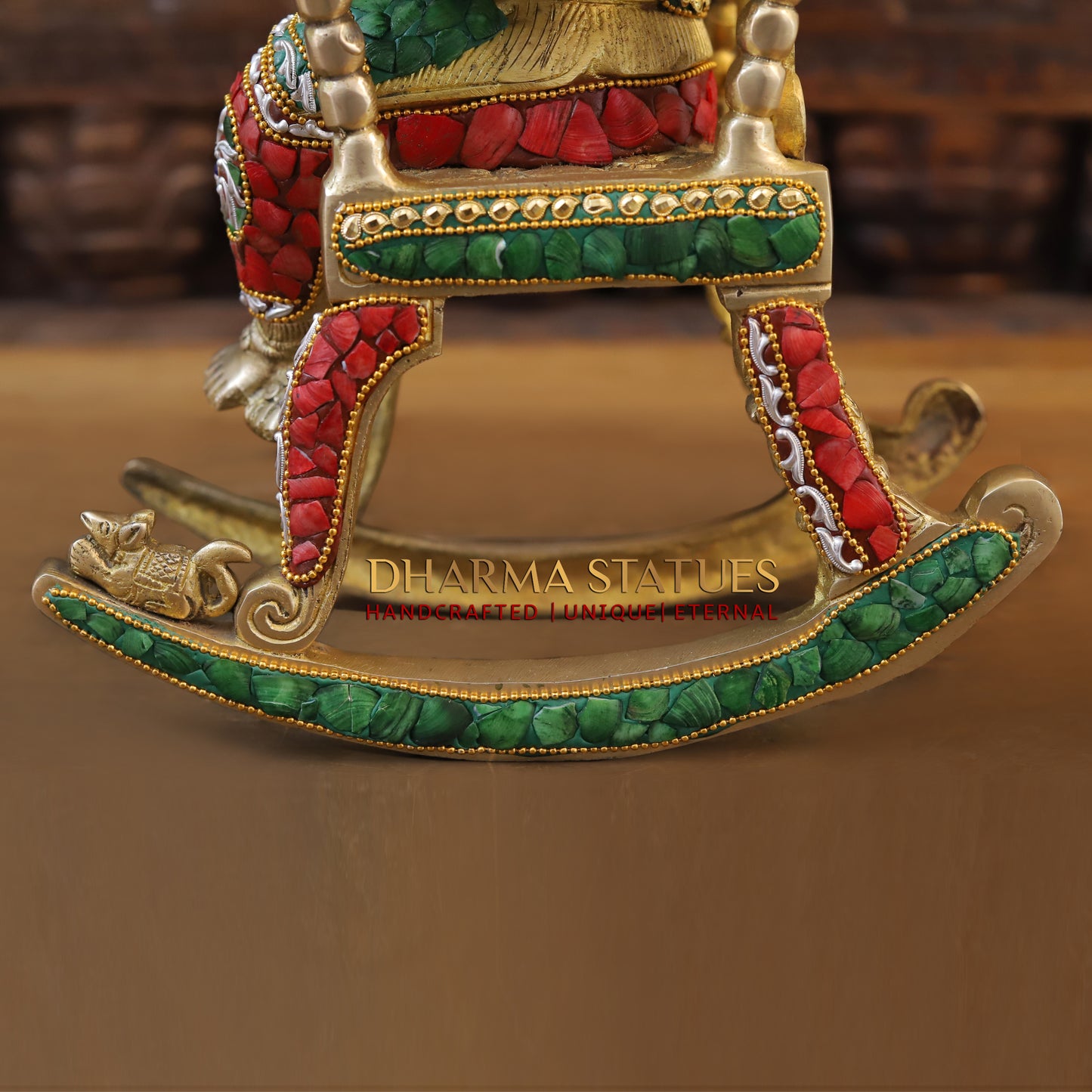 Brass Ganesh on Chair Reading a Veda, Stonework & Golden Finish, 18"