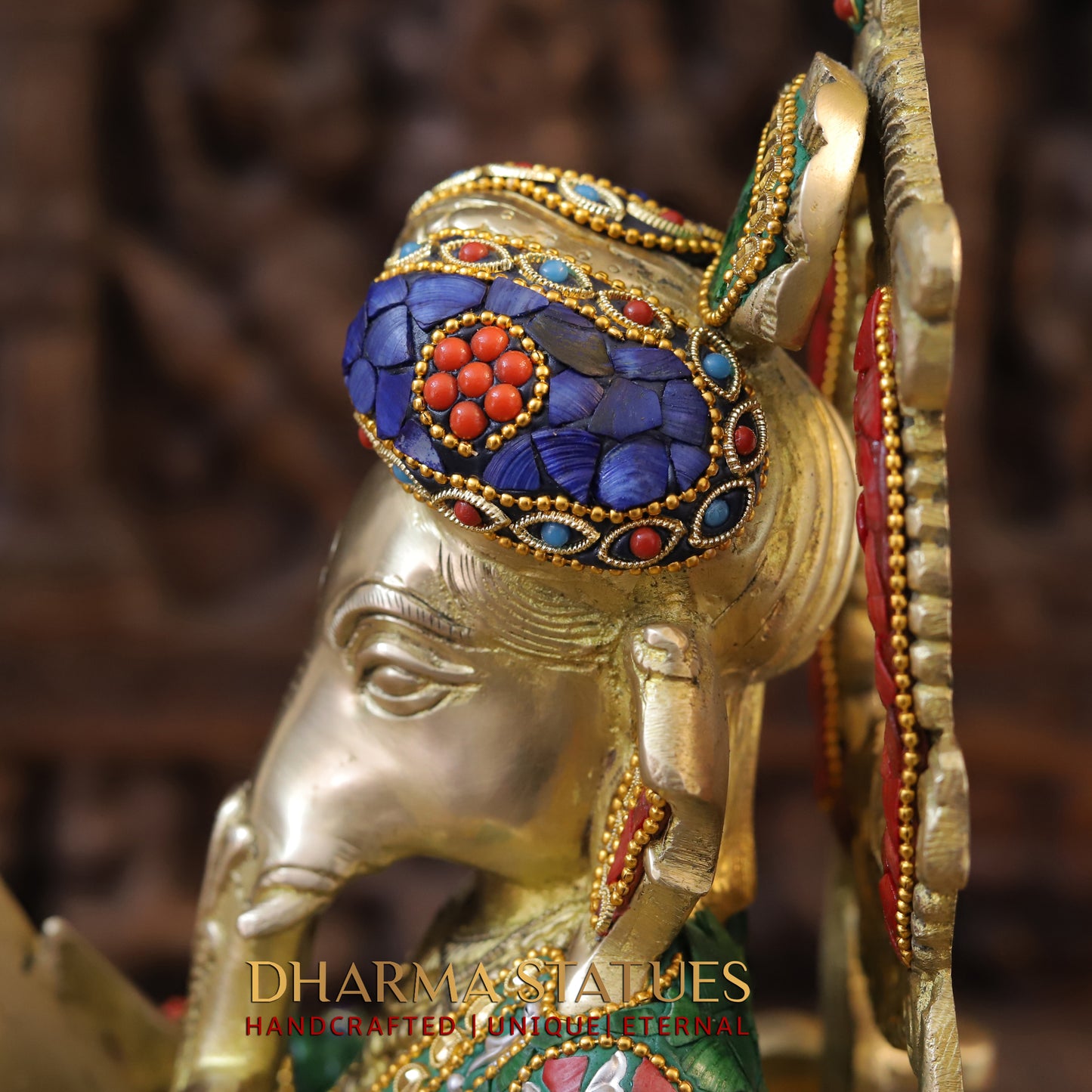 Brass Ganesh on Chair Reading a Veda, Stonework & Golden Finish, 18"