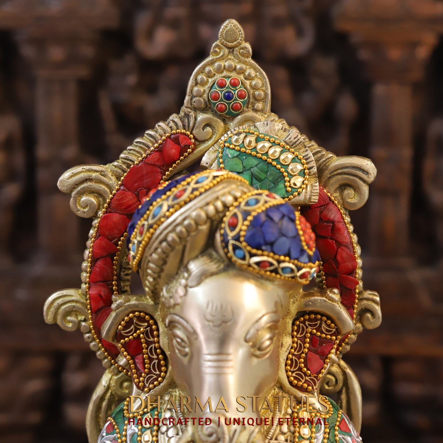 Brass Ganesh on Chair Reading a Veda, Stonework & Golden Finish, 18"