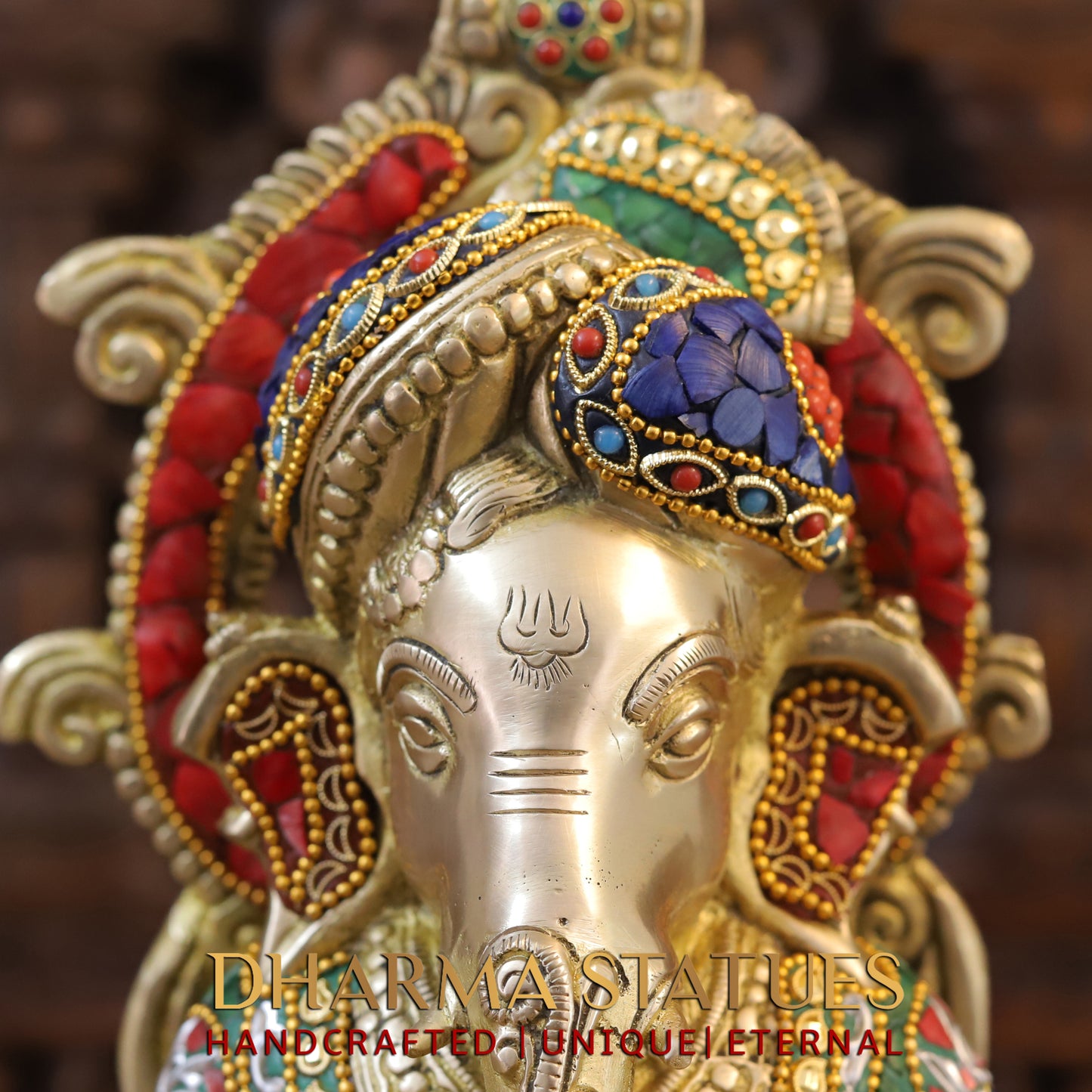 Brass Ganesh on Chair Reading a Veda, Stonework & Golden Finish, 18"