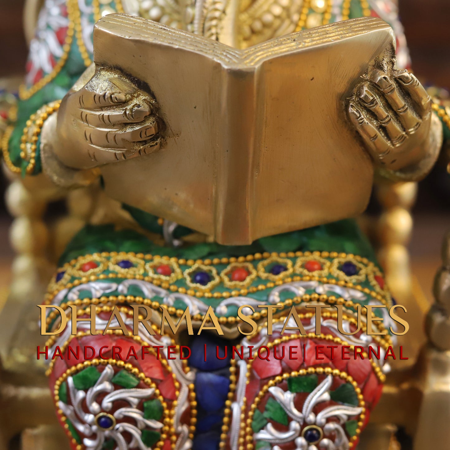 Brass Ganesh on Chair Reading a Veda, Stonework & Golden Finish, 18"