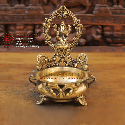 Brass Ganesh Urli, Golden Finish, 10"