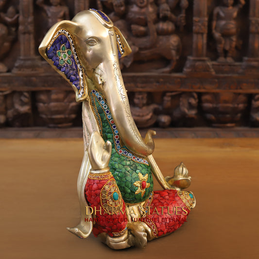 Brass Modern Ganesh seated in Blessing Posture, Stonework & Golden Finish, 15.5"