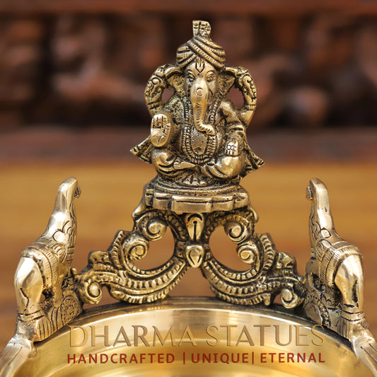 Brass Ganesh Urli, Golden Finish, 8"