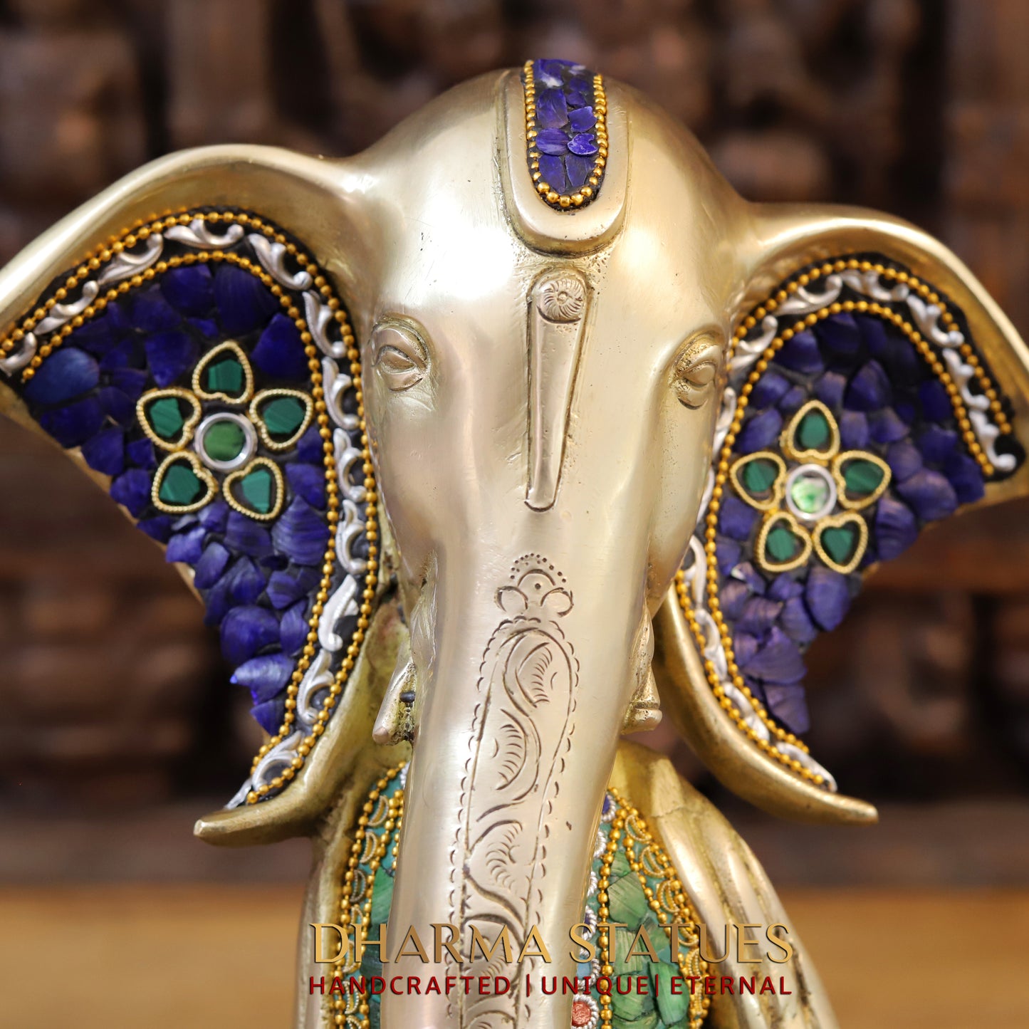 Brass Modern Ganesh seated in Blessing Posture, Stonework & Golden Finish, 15.5"