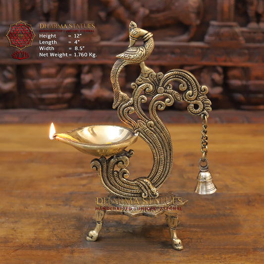 Brass Peacock Diya, Golden Finish, 12"