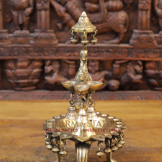 Brass Peacock Lamp Holding 3 Diyas, Golden Finish, 14"