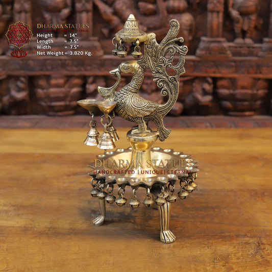 Brass Peacock Lamp Holding 3 Diyas, Golden Finish, 14"