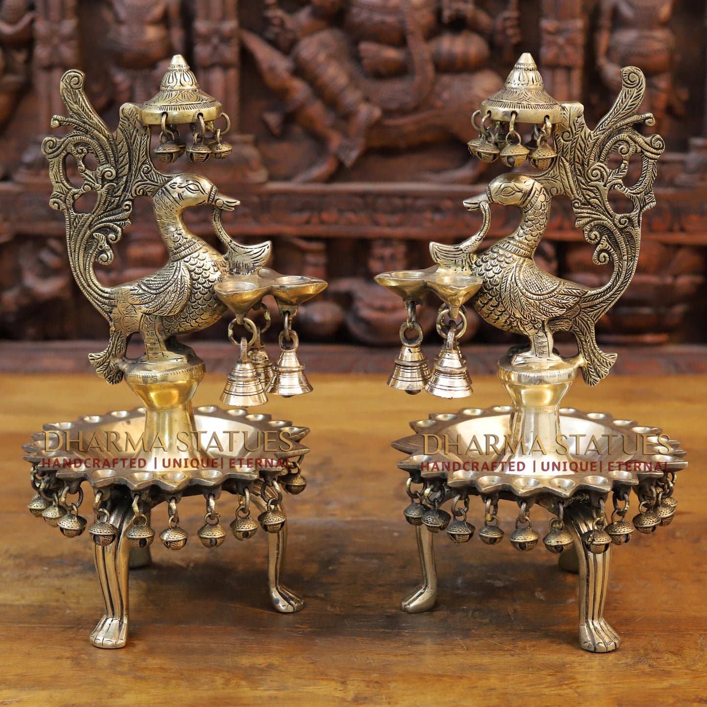 Brass Peacock Lamp Holding 3 Diyas, Golden Finish, 14"