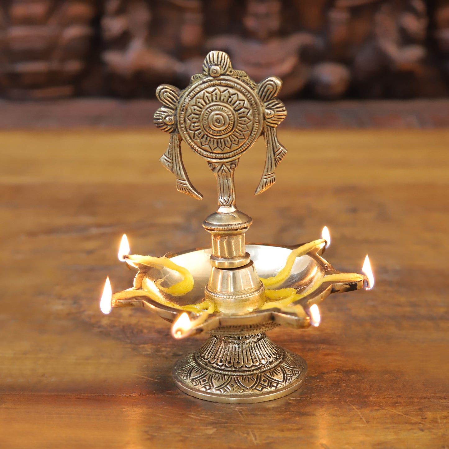 Brass Shankh Diya with 5 wicks, Golden Finish, 7"