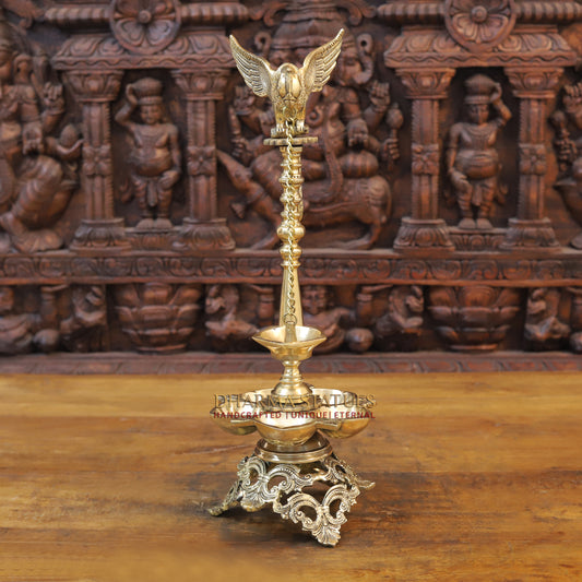 Brass Parrot Holding Deepak with Oil Wick Diya, Fine Gold Finish, 20.5"