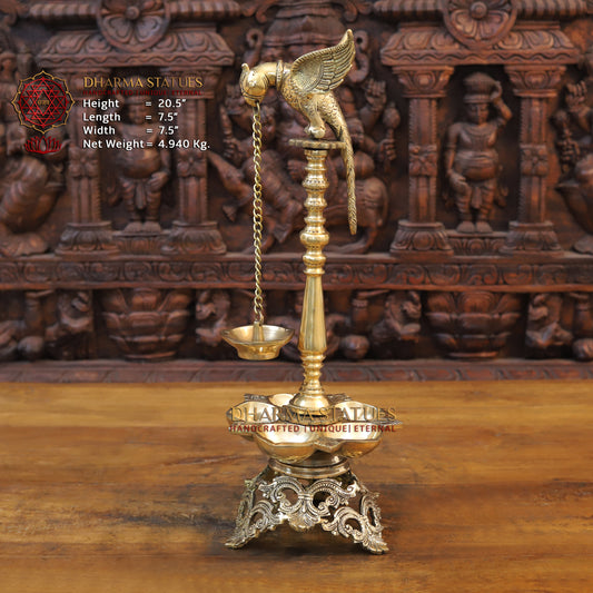 Brass Parrot Holding Deepak with Oil Wick Diya, Fine Gold Finish, 20.5"