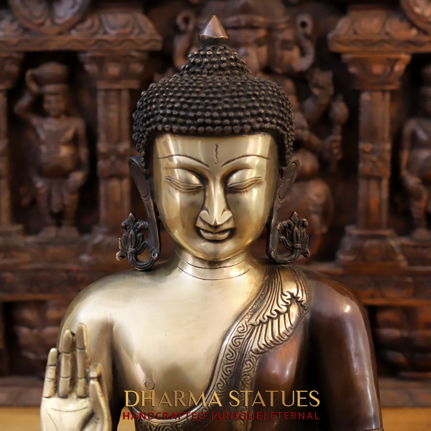 Brass Buddha seated in Varada Mudra, Copper & Golden Finish, 19"