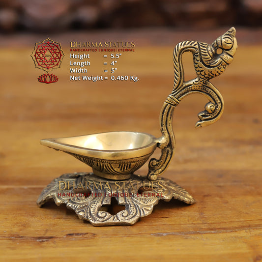 Brass Peacock Handle Diya, Fine Golden Finish 5.5"