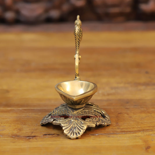 Brass Peacock Handle Diya, Fine Golden Finish 5.5"