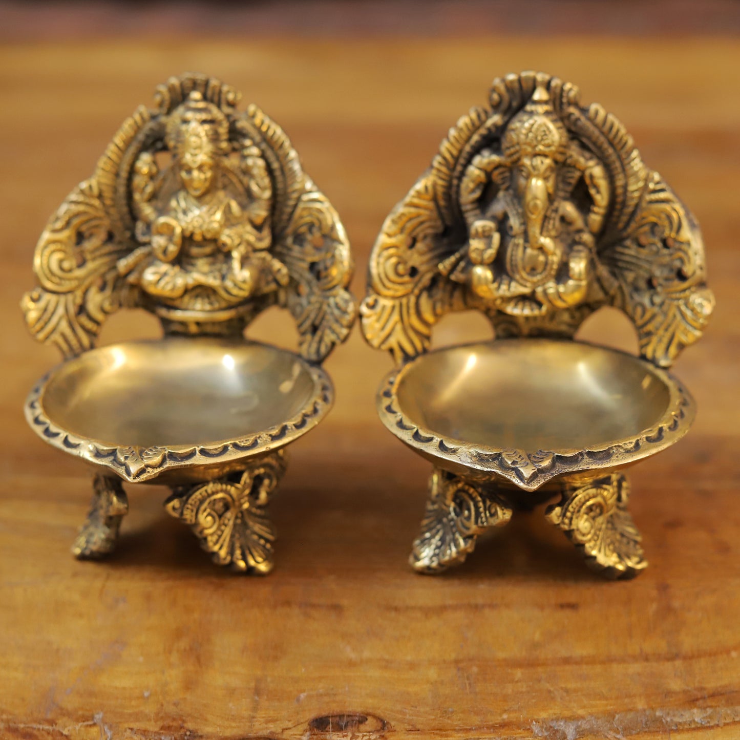Brass Ganesh Lakshmi Diya, Fine Golden Finish 5.5"