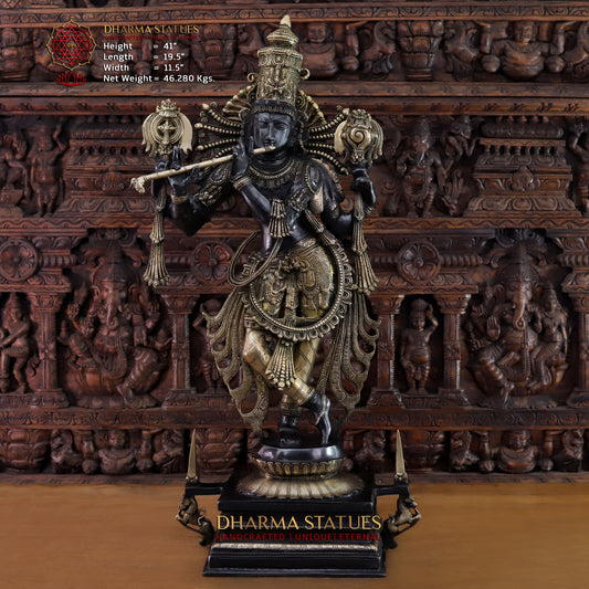Brass Krishna Playing Flute, Black Patina & Golden Finish, 41"