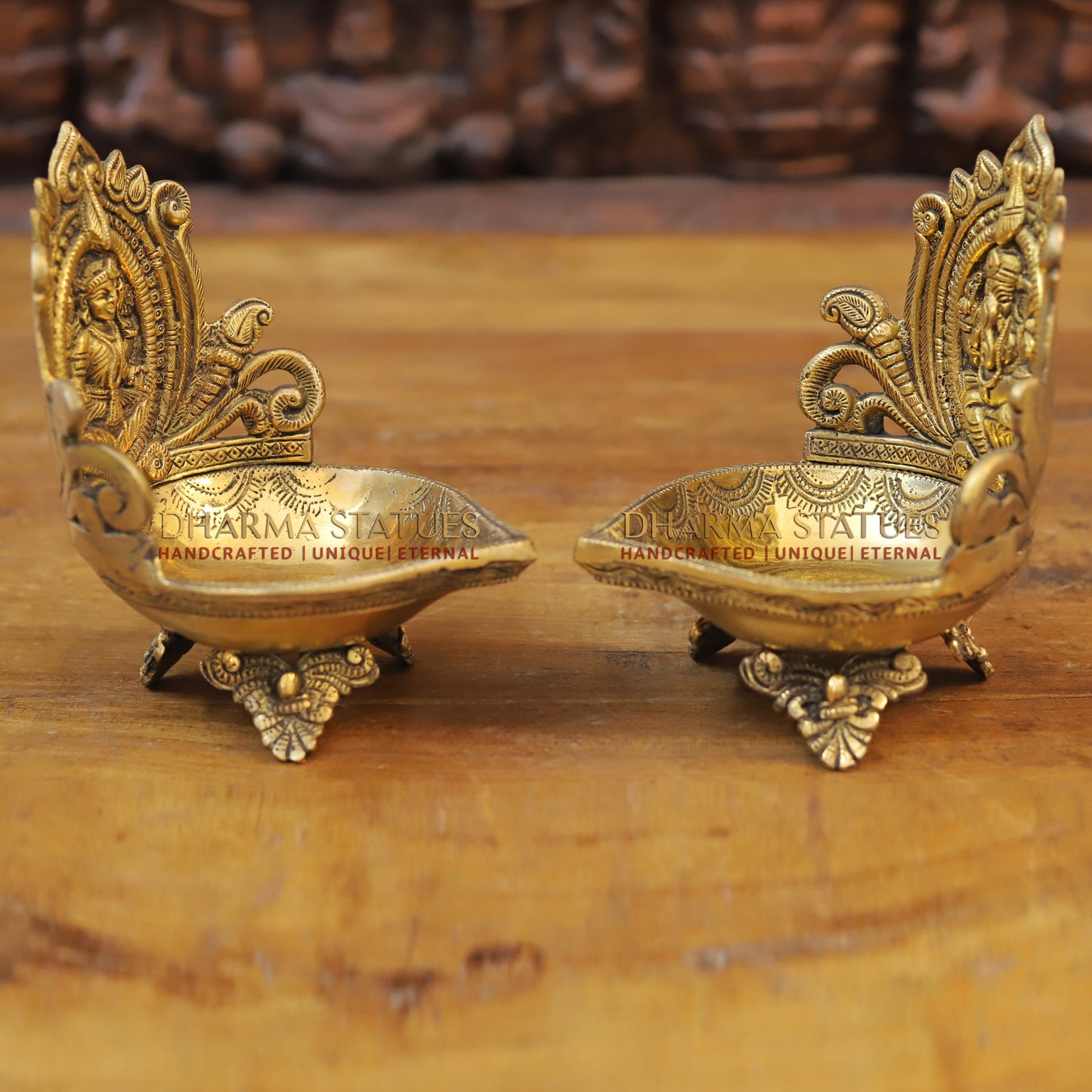 Brass Lakshmi and Ganesh Diya, Fine Golden Finish 7"