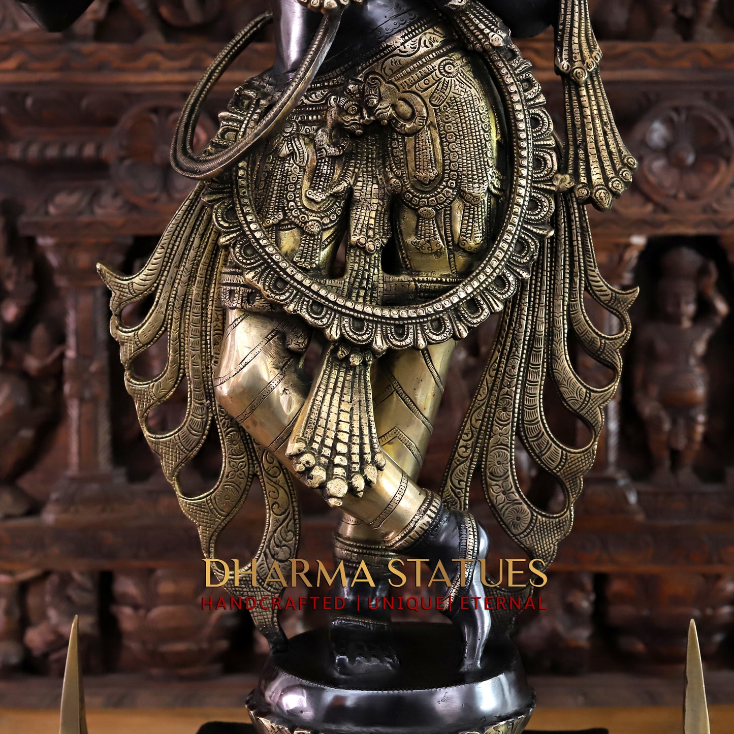 Brass Krishna Playing Flute, Black Patina & Golden Finish, 41"
