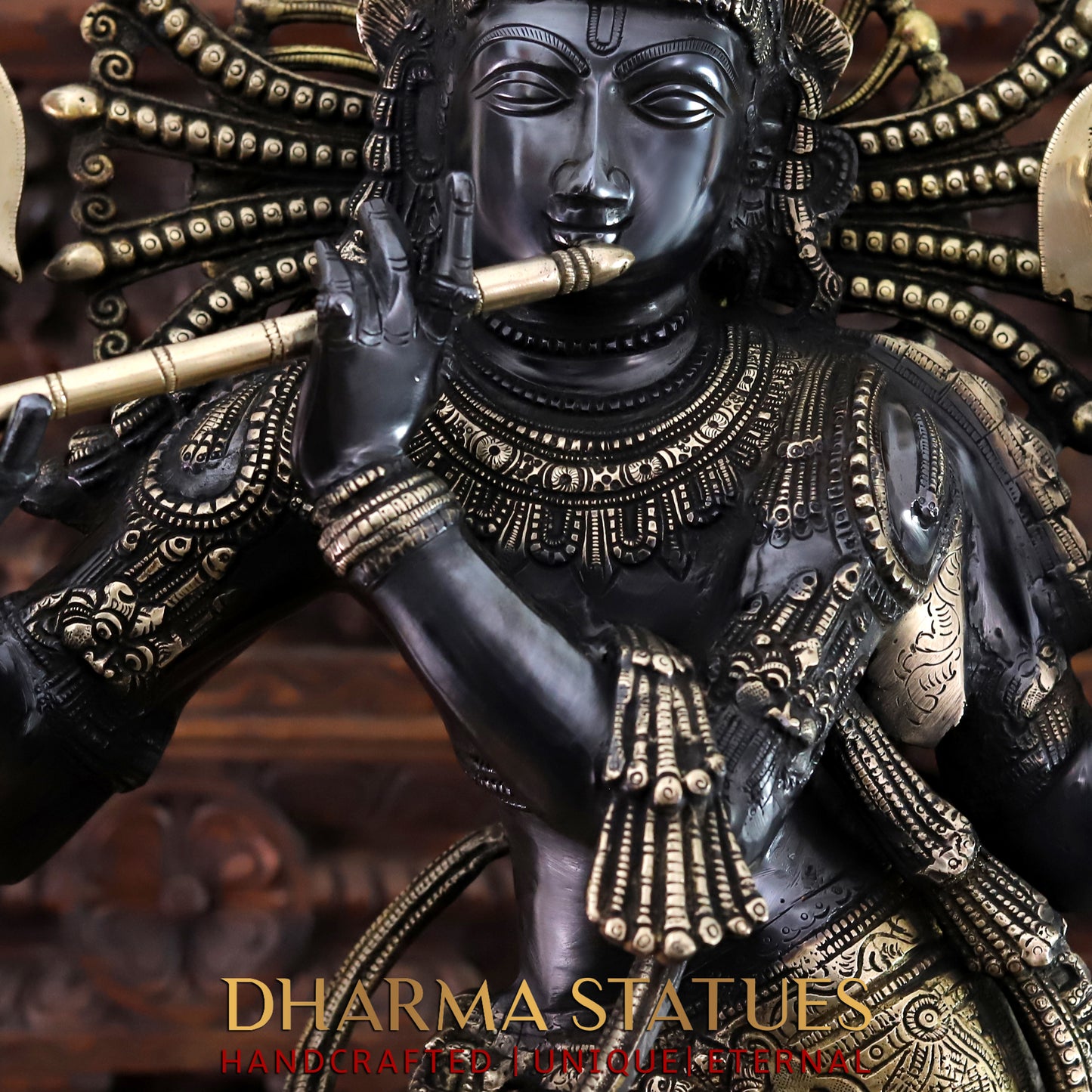 Brass Krishna Playing Flute, Black Patina & Golden Finish, 41"
