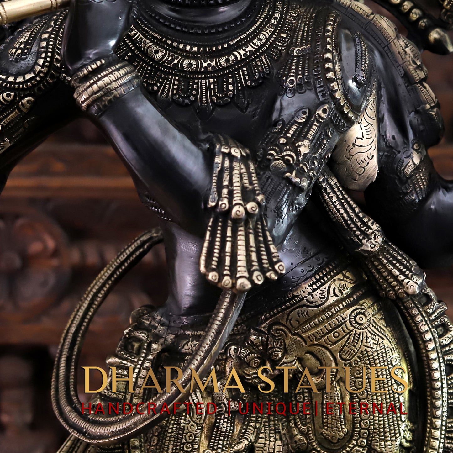 Brass Krishna Playing Flute, Black Patina & Golden Finish, 41"