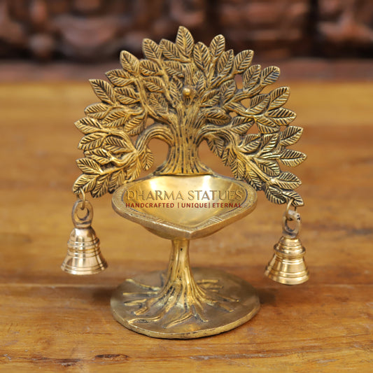 Brass Tree Diya, With Bells, Fine Golden Finish 7.5"