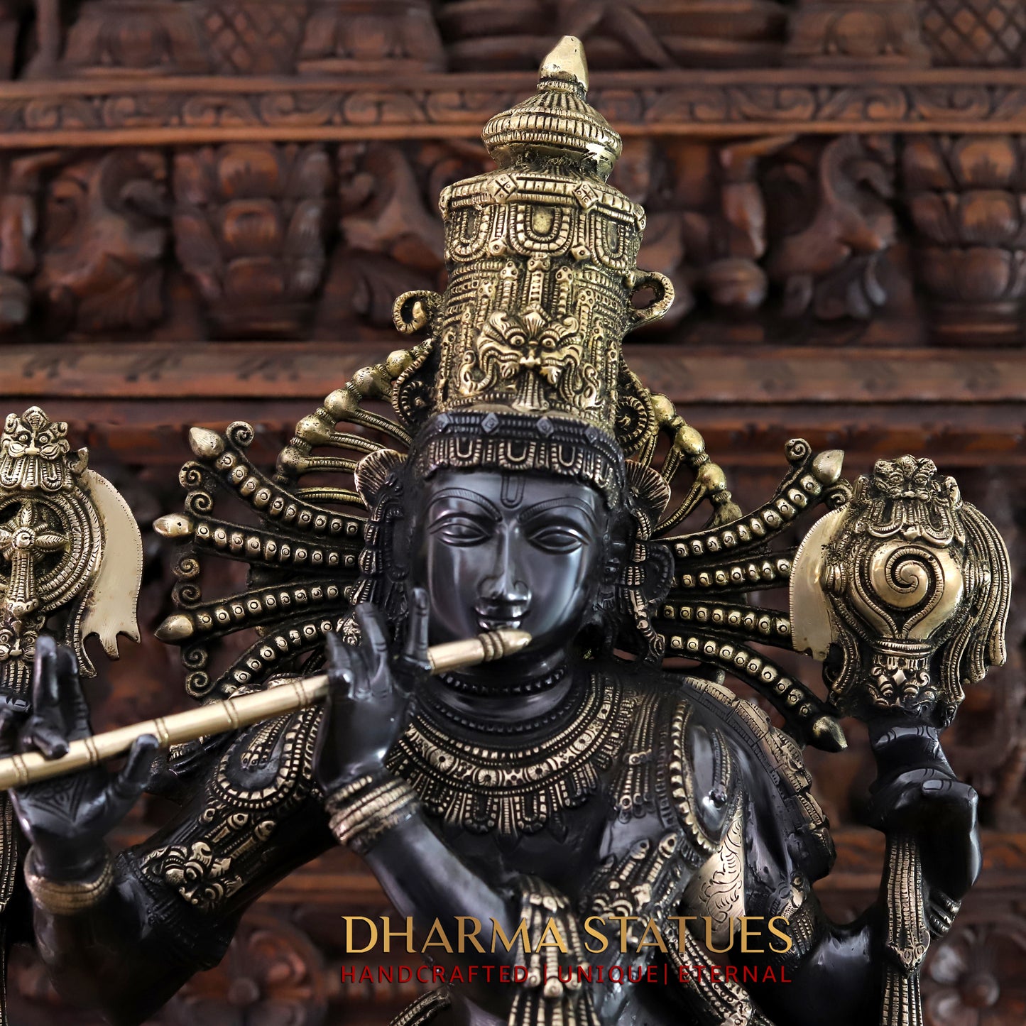 Brass Krishna Playing Flute, Black Patina & Golden Finish, 41"