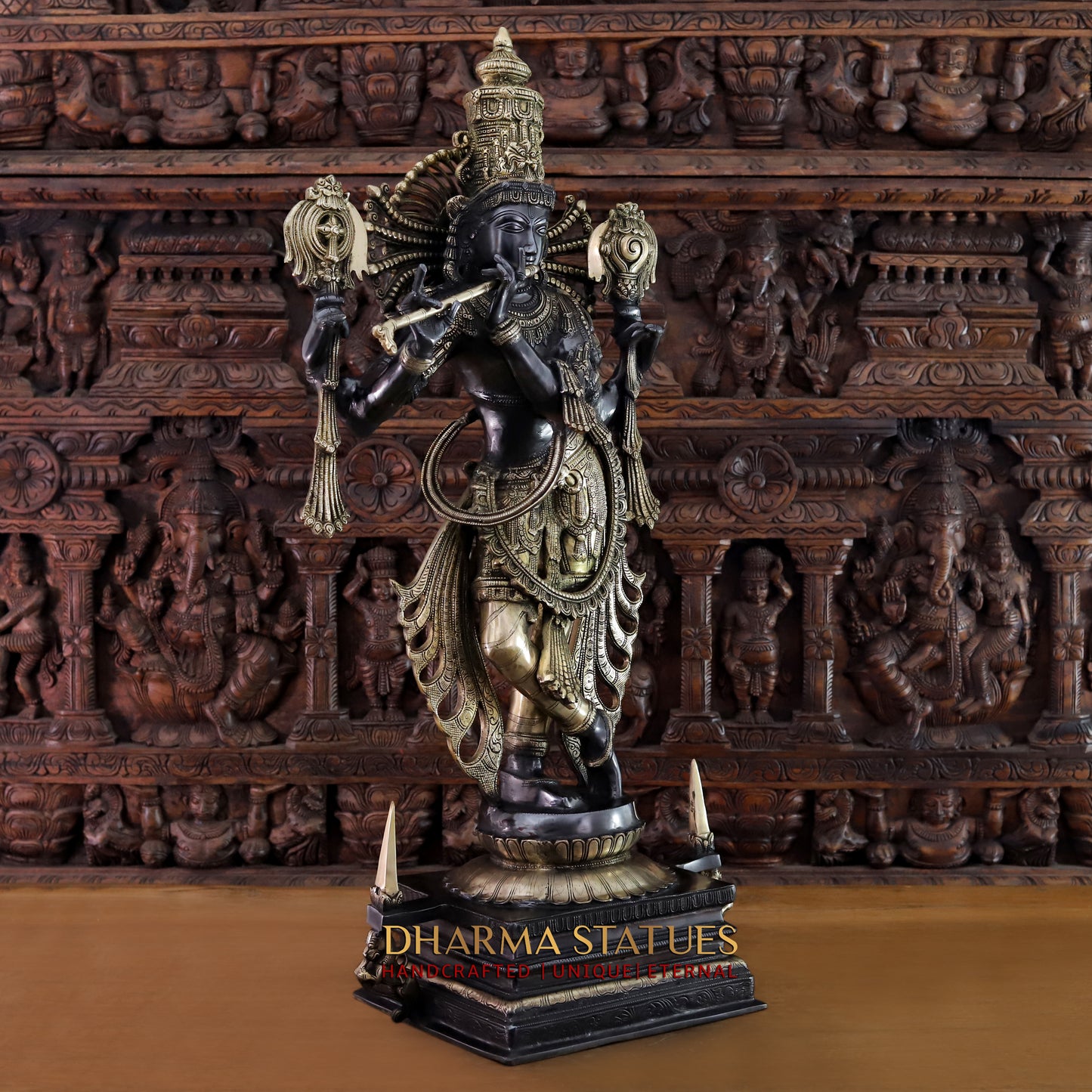 Brass Krishna Playing Flute, Black Patina & Golden Finish, 41"