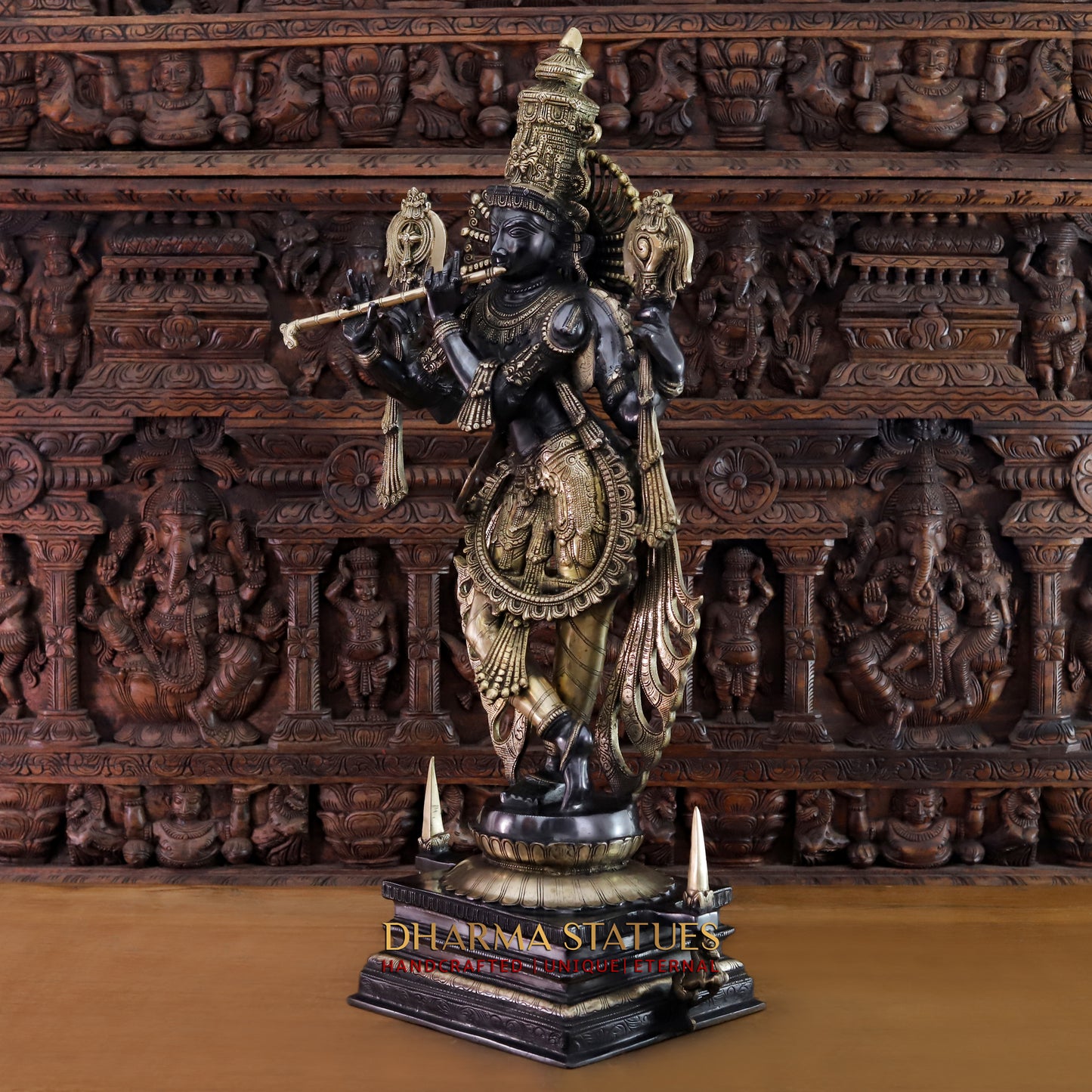 Brass Krishna Playing Flute, Black Patina & Golden Finish, 41"