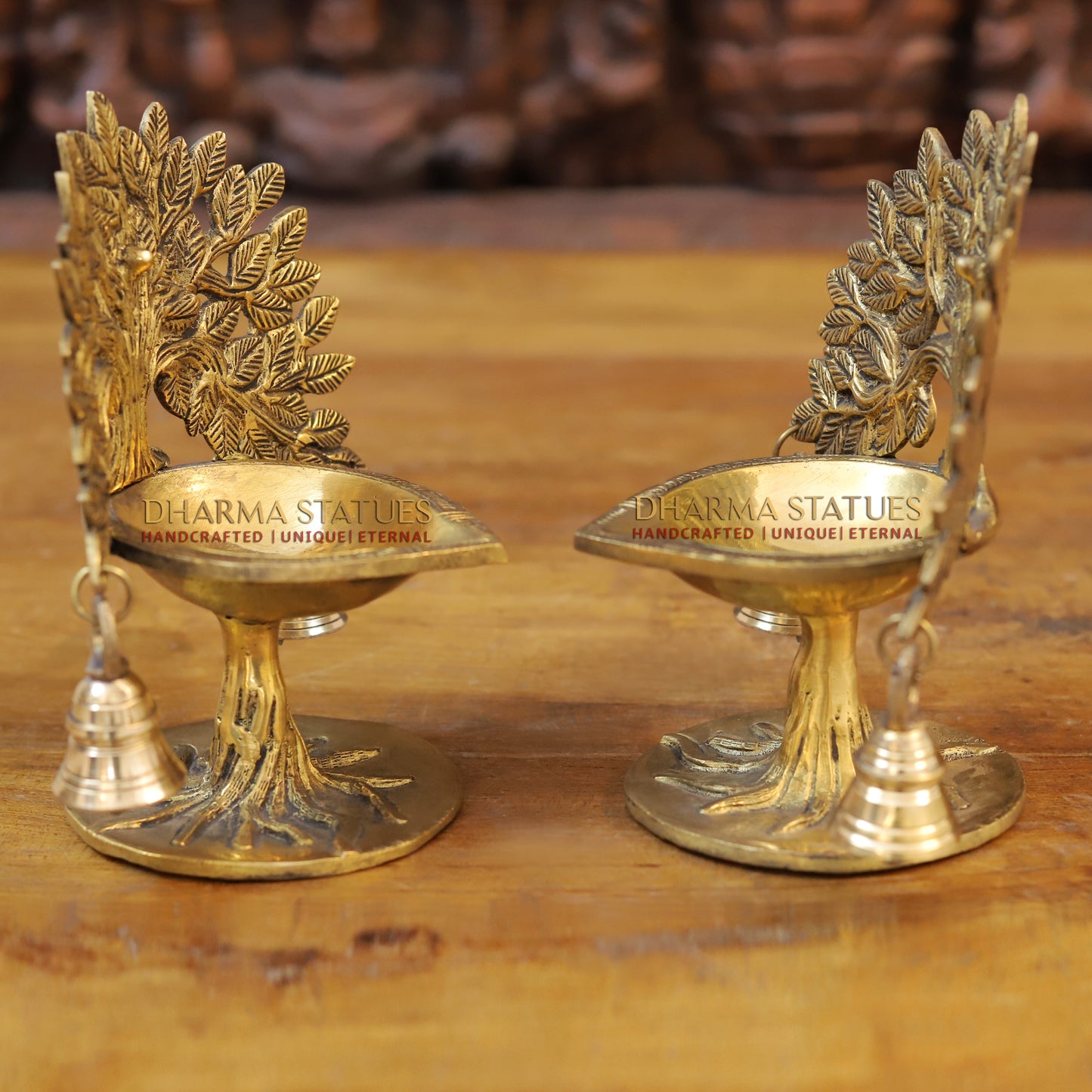 Brass Tree Diya, With Bells, Fine Golden Finish 7.5"