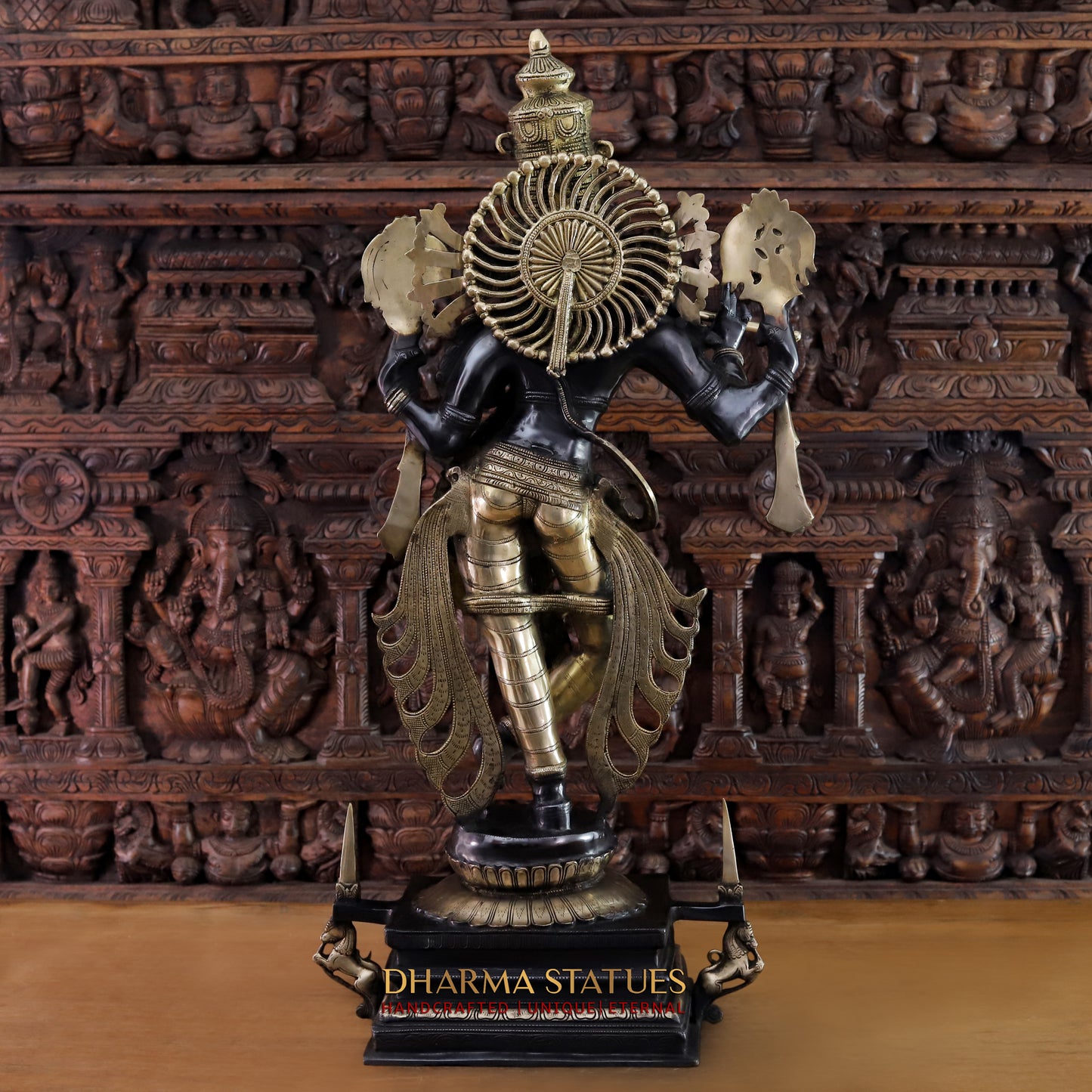 Brass Krishna Playing Flute, Black Patina & Golden Finish, 41"