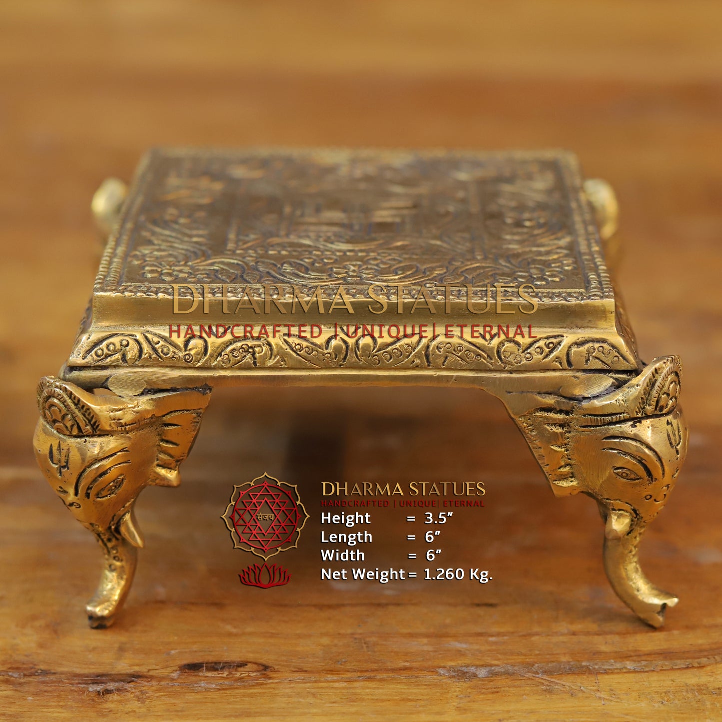 Brass Pooja Chowki, With Ganesh Legs, Fine Golden Finish 3.5"